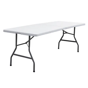 8FT Indoor Outdoor Plastic Folding Table with Portable Handle, White - Picture 1 of 12