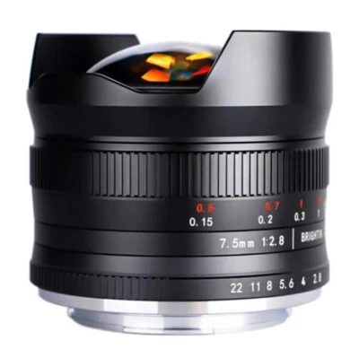 Lente olho de peixe ultra grande angular 7,5 mm F2.8 para E/FX/EOS-M/M43 - Imagem 1 de 4