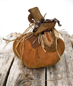 Primitive Halloween Americana Pumpkin Scarecrow head decor handmade Fall OOAK - Picture 1 of 8