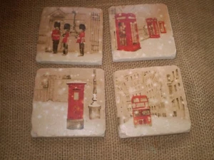 SOTTOBICCHIERI DA VINO VINTAGE LONDRA NATALE IN CERAMICA, 4 in set, MADE IN INGLESE - Foto 1 di 1