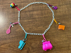 6 Vintage Plastic Bell Clip Charms White Chain Necklace-Purse-Ice Skate-Elephant