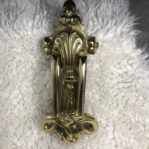 Victorian satin brass door knocker, Fleur De Lie, Heavy, Vintage 8.25” Hardware Cover