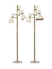 Vintage Item Pair Of Three Cone Ivory Stilnovo Floor Lamps With Wooden Base.