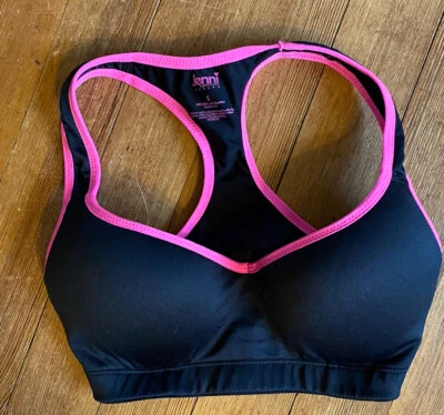 JENNI By Jennifer Moore Activewear Sport Bra Sz S Black W Pink Piping - Image 1 of 3