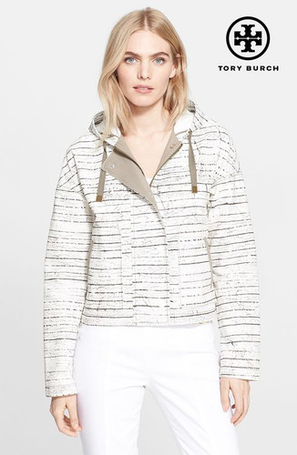 Giacca con cappuccio Tory Burch Piece & Co Nadia bianca oliva nuova con etichette $495 6