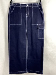 True Religion Maxi Skirt Women’s Size 29 Blue Cargo Denim Front Slit Stretch New - Picture 1 of 11