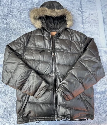 Jaqueta masculina 686 L couro preto bufante manga longa zíper completo casaco com capuz de pele - Imagem 1 de 4