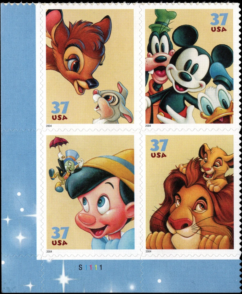 US Scott #3868a, The Art of Disney, Friendship, Plate Block 2004 37¢ Stamps, MNH - Image 1 of 1