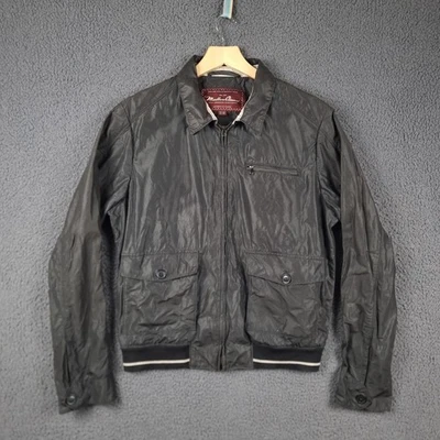 MARLBORO CLASSICS Jacket Mens L Large Black Bomber Wax Look Linen Cotton Zip — 第 1/4 张图片