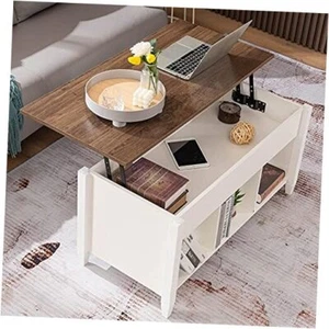 Lift Top Coffee Table, White, with Storage Shelf/Hidden White-walnut - Picture 1 of 8