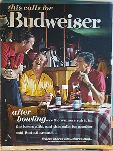 1953  Budweiser Beer Men Friends Drinking  Bar after Bowling Original Color Ad  - Picture 1 of 1