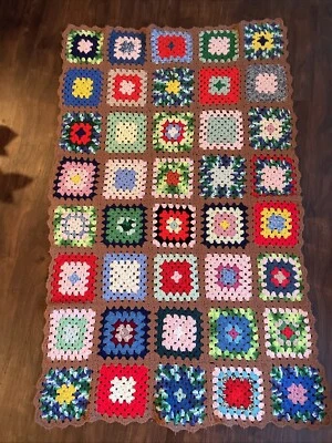 Vintage Black Border Hand Crocheted Afghan Lap Blanket Throw Granny Sq. 34.5x55” - Image 1 of 4