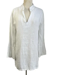 Top tunica Haris cotone collo spacco bianco 100% lino manica a campana taglia M Lagenlook - Foto 1 di 12