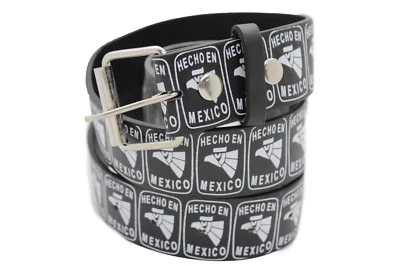 Women Men Black Belt White Print Eagle Head Mexico Flag Hecho En Mexican Size XL - Image 1 of 4