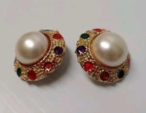 Statement Pearl Multi Colored Clip-On Earrings Estate Gold Tone Vintage - Picture 1 of 11