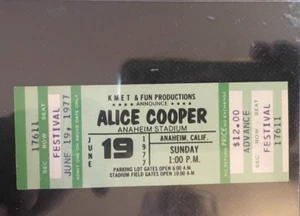 ALICE COOPER TICKET STUB 1977 REY DE LA PANTALLA PLATEADA GIRA ANAHEIM - Imagen 1 de 2