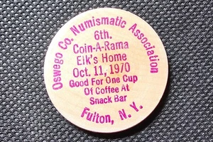 Vintage 1970 Madera Níquel Oswego Co. Numismatic Assoc 6ta Moneda-a-Rama Fulton NY - Imagen 1 de 2