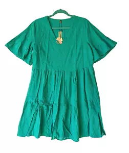 NWT FANCYINN Dress Pockets Bell Sleeve Ruffle Dress Green Womens Sz L Peasant - Picture 1 of 9