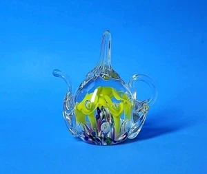 St Clair? Blown Glass Teapot  Yellow Flowers Millafiore Center Floating Bubbles - Picture 1 of 13
