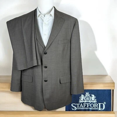 Stafford 2 Piece Suit Mens 44R 36x30 Solid Brown Three Button Wool - Image 1 of 4