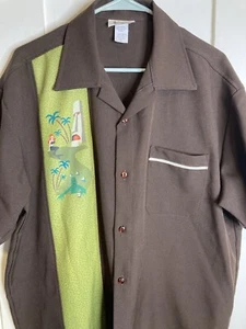 Oblong Box Shop Tiki Lounge Shirt Swamp Creature Brown Polyester Men’s Large - Picture 1 of 14