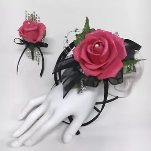 Glamour Singolo Rosa Fucsia Schiuma Rose su Nero con Bordo Argento Corsetto Combo - Foto 1 di 1