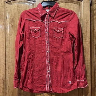 Женская блузка Ariat хлопок вышитый красный жемчуг застежки длинным рукавом маленький родео - Изображение 1 из 4