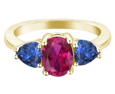 925 Silver Yellow Gold Plated 2.40 Ct Created Ruby Sapphire Three Stones Ring - Image 1 of 4