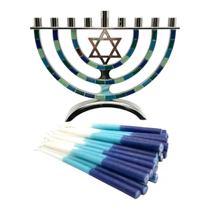 Hanukkah Menorah Metal with Star of David Blue Green Mosaic 9 Candle Holders - Picture 1 of 16