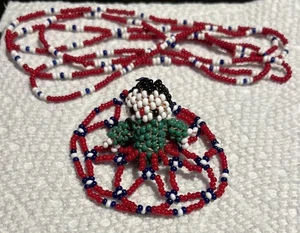 Native American Glass Seed Beads Doll & Necklace 17”L  Blue White Red - Picture 1 of 7