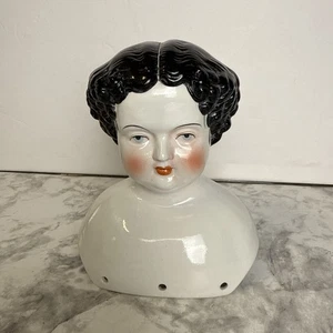 Antique China Head Doll 6.25” Tall Black Hair Blue Eyes Curly Rare #13 - Picture 1 of 8
