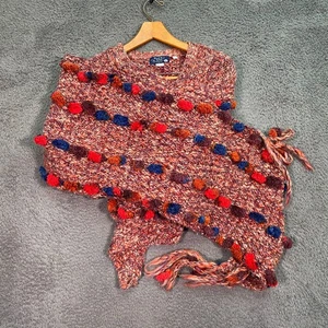 Anthropologie maglia a mano pom-pom maglione avvolgente lana alpaca M/L boho poncho sciarpa - Foto 1 di 14