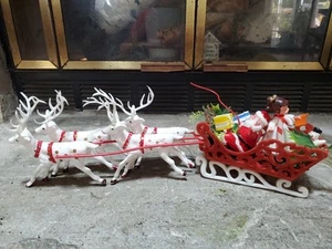 Vintage Soft Plastic Christmas Santa Red Flocked Sleigh Blow Mold Reindeer 18 In - Picture 1 of 14