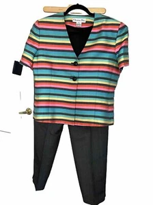 Vintage Christian Dior 1980’s Pant Set 100% Silk Rainbow Striped Blouse. Sz. 12 - Picture 1 of 18