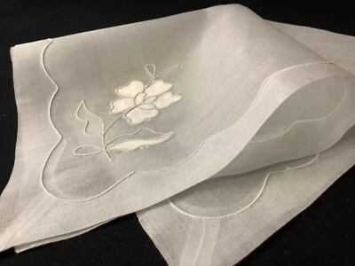 #8424🌟Vintage Elaborate Satin Floral Embroidery Soft Blue Handkerchief - Image 1 of 4