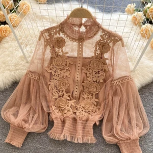 Camicetta donna elegante pizzo floreale maglietta manica lunga sbuffo finto collo blusa casual - Foto 1 di 24