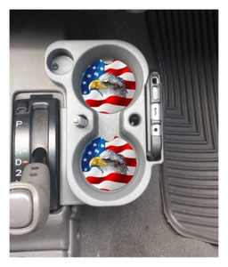 BALD EAGLE AMERICAN FLAG CUSTOM CERAMIC SANDSTONE CAR COASTER SET 2  - Picture 1 of 1