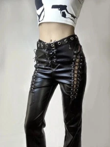 Black Leather pants Straight High Waist Trousers Lace Up Cut out bottom pant - Picture 1 of 5