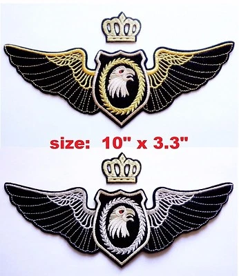 Set of 2 Eagle Head Gold or Silver Wing & Grown Embroidered Patches Sew/Iron-On  - Image 1 of 4