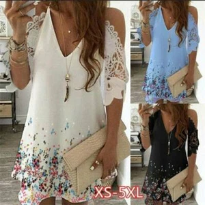 Plus Size Ladies Boho Sundress Boho Cold Shoulder Womens Mini Dress Summer - Picture 1 of 15