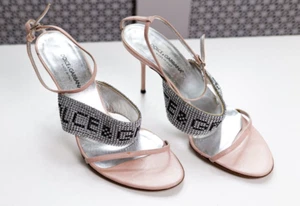Dolce & Gabbana Vintage Pink Crystal Embellished Logo Strap Heel Sandals - Picture 1 of 7