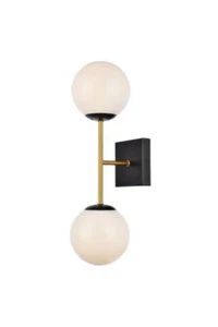 Wall Sconce 2 Light Fixture Black and Brass Glass Shades Dining Room Bedroom 20" - Picture 1 of 9