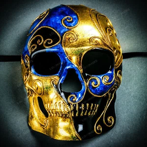 Classic Venetian Mardi Gras Skull Full Face Halloween Costume Mask Blue Gold - Picture 1 of 7