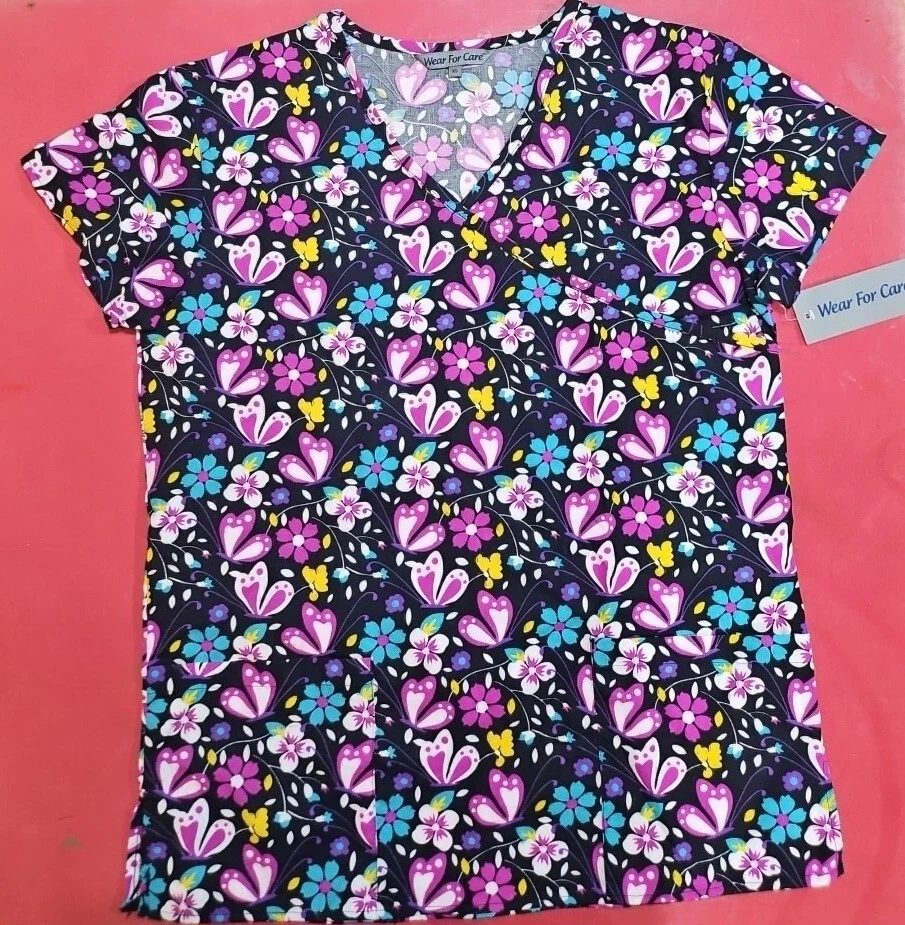 Teal Medical Uniform Scrubs Womens Top Floral Butterfly Pockets wear all sizes - Image 1 of 1