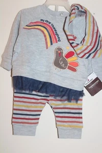 NUEVO CON ETIQUETAS Conjunto de 3 piezas de Acción de Gracias Bebé Infantil Top Manga Larga, Pantalones y Babero - Imagen 1 de 8