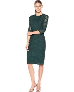 JS COLLECTIONS Forest Green Soutache Ribbon Applique Lace Sheer Sleeve Dress 4 - Picture 1 of 3