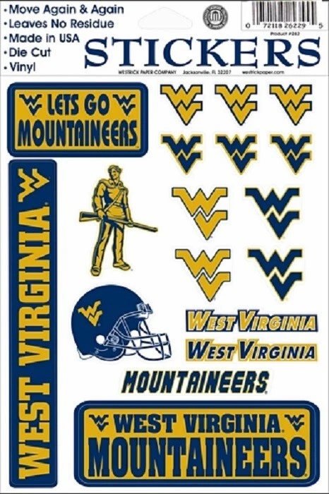 Pegatinas adhesivas de vinilo de fútbol americano de West Virginia Mountaineers NCAA 18 por hoja Foto 1 de 1