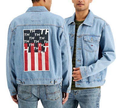 Tommy Hilfiger Denim Men's LIght Blue Flag Denim Trucker Jacket $149 - Image 1 of 4