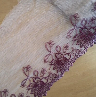 6 Yards 7.5" wide Fleshcolor Tulle Lace/Embroidered Purplish Red Flower xh040 - Image 1 of 2