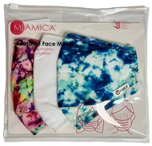 Miamica Reusable Adult Face Masks 3-pk Washable Fabric Strap Adjust Tie-Dye x 2 - Picture 1 of 11